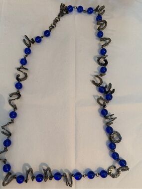 Cecile Jeanne Vintage Blue Beaded Necklace with Gunmetal Accents